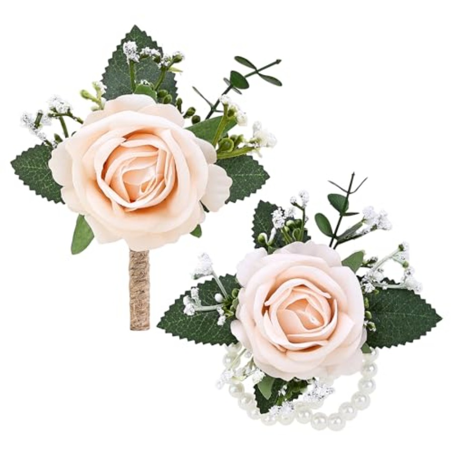 Men Accessories For Wrist - 2Pcs Champagne Wrist Corsage and Men