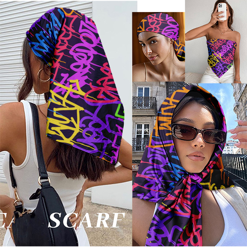 Men Accessories For Neck - 90x90cm Colorful Graffiti Square Scarf, Satin